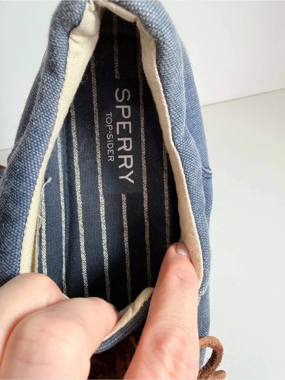 Sperry Denim Blue Canvas Low-Top Sneakers with Brown Laces